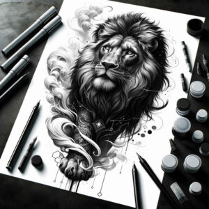 lion-and-light – tattoo design ideas free ai generated – realism-highlight-detail – for-spine – Gallery: lions-inkby-ai