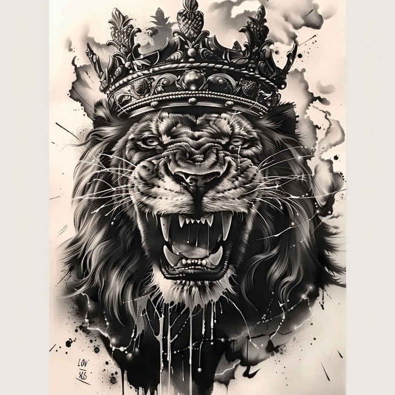 lion-and-light – tattoo design ideas free ai generated – surrealism-melted-shapes – for-upper-back – Gallery: lions-inkby-ai