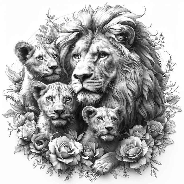 lion-and-sun – tattoo design ideas free ai generated – realism-refined-lines – for-side – Gallery: lions-inkby-ai