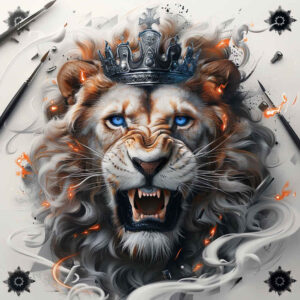 lion-in-art – tattoo design ideas free ai generated – neotraditional-rich-shading – for-thigh – Gallery: lions-inkby-ai