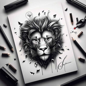 lion-in-art – tattoo design ideas free ai generated – surrealism-spectral-hues – for-back-of-neck – Gallery: lions-inkby-ai