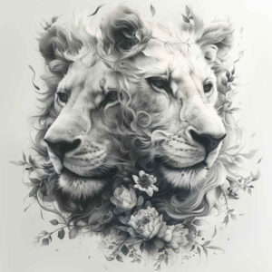 lion-in-nature – tattoo design ideas free ai generated – realism-highlighted-contrast – for-lower-thigh – Gallery: lions-inkby-ai