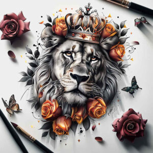 lion-protection-symbol – tattoo design ideas free ai generated – neotraditional-expressive-lines – for-collarbone – Gallery: lions-inkby-ai