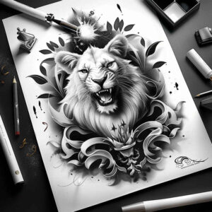 lion-symbol-of-power – tattoo design ideas free ai generated – surrealism-unearthly – for-full-back – Gallery: lions-inkby-ai