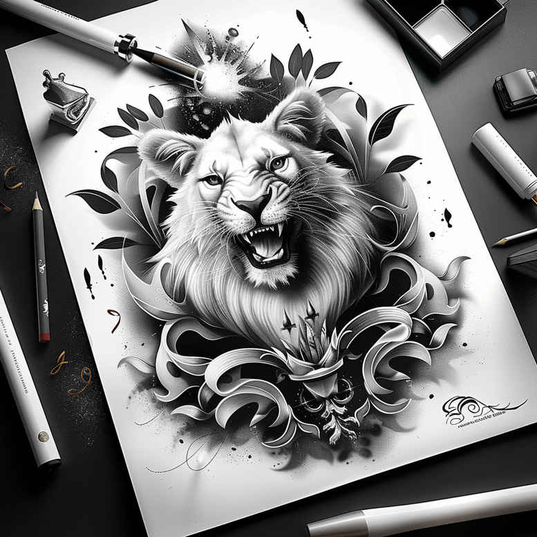 lion-symbol-of-power – tattoo design ideas free ai generated – surrealism-unearthly – for-full-back – Gallery: lions-inkby-ai