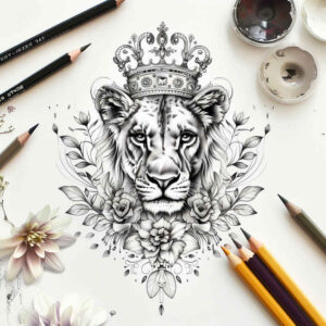 lion-tattoo – tattoo design ideas free ai generated – neotraditional-structured-design – for-outer-arm – Gallery: lions-inkby-ai