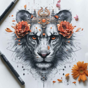 lion-with-3d-effect – tattoo design ideas free ai generated – surrealism-visual-paradox – for-abdomen – Gallery: lions-inkby-ai
