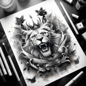 lion-with-claws – tattoo design ideas free ai generated – neotraditional-decorative-detail – for-thigh – Gallery: lions-inkby-ai