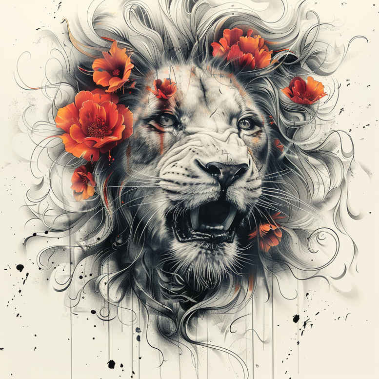 lion-with-crown-and-flames – tattoo design ideas free ai generated – realism-depth-shading – for-upper-thigh – Gallery: lions-inkby-ai