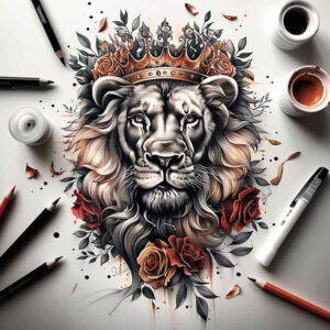 lion-with-crown-and-flames – tattoo design ideas free ai generated – realism-natural-look – for-lower-chest – Gallery: lions-inkby-ai