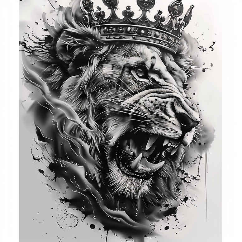 lion-with-crown-and-flames – tattoo design ideas free ai generated – surrealism-impossible-forms – for-lower-leg – Gallery: lions-inkby-ai