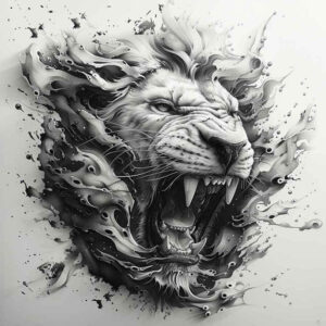 lion-with-crown-and-flames – tattoo design ideas free ai generated – surrealism-psychic-energy – for-lower-leg – Gallery: lions-inkby-ai