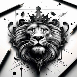 lion-with-crown – tattoo design ideas free ai generated – neotraditional-sharp-contrast – for-hand – Gallery: lions-inkby-ai