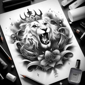 lion-with-detail-for-men – tattoo design ideas free ai generated – realism-soft-contrast – for-foot – Gallery: lions-inkby-ai