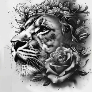 lion-with-detail – tattoo design ideas free ai generated – surrealism-juxtaposition – for-knee – Gallery: lions-inkby-ai