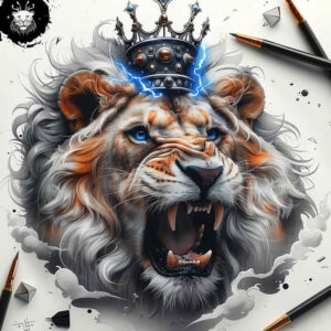 lion-with-feathers – tattoo design ideas free ai generated – neotraditional-bold-outline – for-sternum – Gallery: lions-inkby-ai
