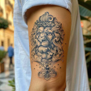 lion-with-feathers – tattoo design ideas free ai generated – neotraditional-dynamic-color – for-back-of-neck – Gallery: lions-inkby-ai