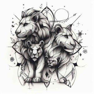 lion-with-feathers – tattoo design ideas free ai generated – surrealism-displaced-objects – for-lower-thigh – Gallery: lions-inkby-ai