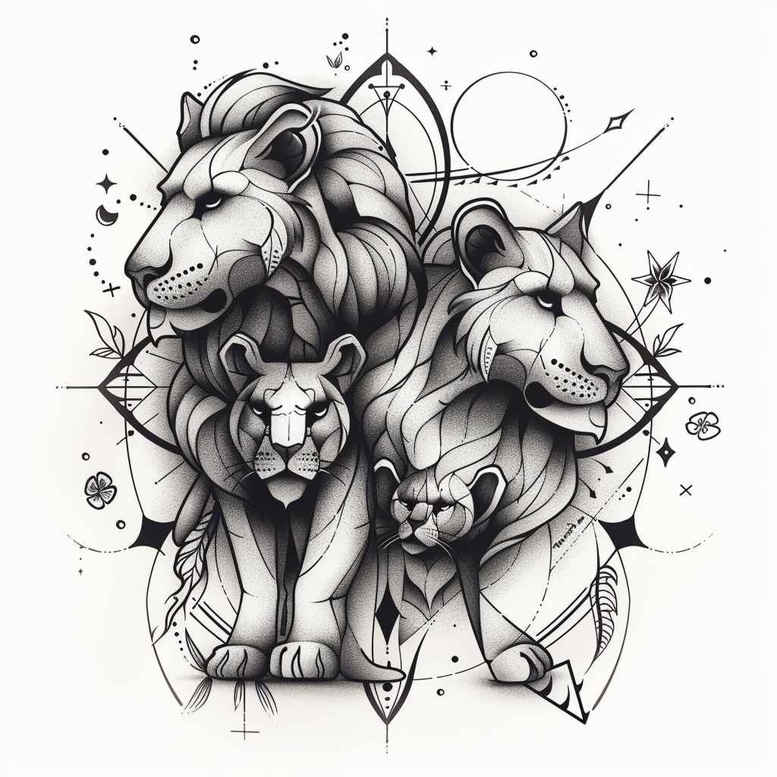 lion-with-feathers – tattoo design ideas free ai generated – surrealism-displaced-objects – for-lower-thigh – Gallery: lions-inkby-ai
