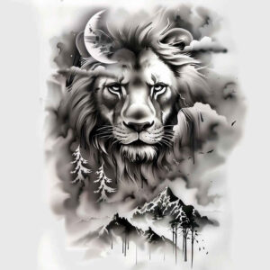 lion-with-lines – tattoo design ideas free ai generated – neotraditional-color-blending – for-back – Gallery: lions-inkby-ai