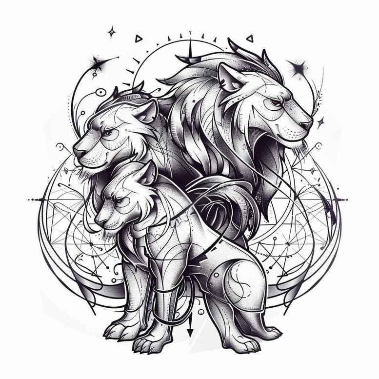 lion-with-lines – tattoo design ideas free ai generated – surrealism-ambiguous-space – for-neck – Gallery: lions-inkby-ai