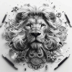 lion-with-mane – tattoo design ideas free ai generated – neotraditional-layered-fill – for-back-shoulder – Gallery: lions-inkby-ai