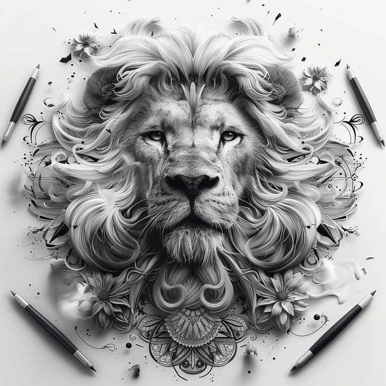 lion-with-mane – tattoo design ideas free ai generated – neotraditional-layered-fill – for-back-shoulder – Gallery: lions-inkby-ai