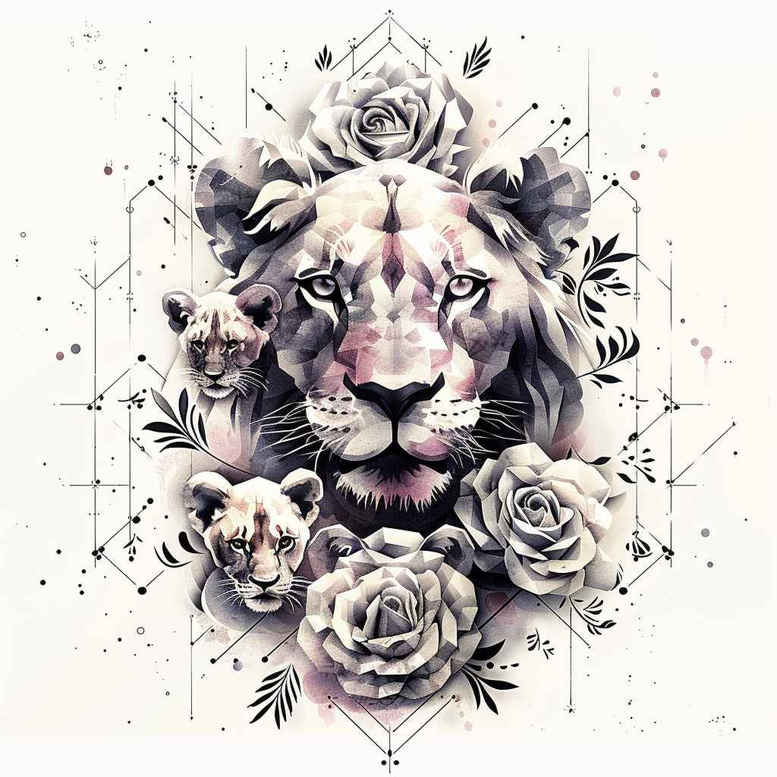 lion-with-open-mouth – tattoo design ideas free ai generated – surrealism-fluid-forms – for-knee – Gallery: lions-inkby-ai