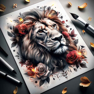 lion-with-ornament – tattoo design ideas free ai generated – realism-natural-contours – for-temple – Gallery: lions-inkby-ai