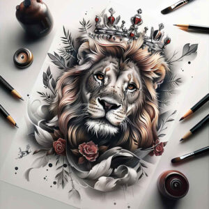 lion-with-stars – tattoo design ideas free ai generated – realism-skin-texture – for-inner-arm – Gallery: lions-inkby-ai