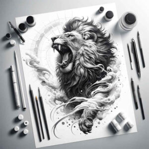 lion-with-symbols – tattoo design ideas free ai generated – neotraditional-bright-color – for-upper-arm – Gallery: lions-inkby-ai