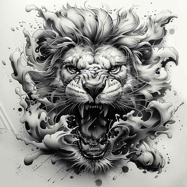 lion-with-symbols – tattoo design ideas free ai generated – realism-volume-effect – for-palm – Gallery: lions-inkby-ai