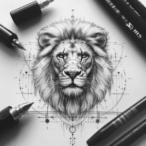 lion-with-tail – tattoo design ideas free ai generated – realism-textured-skin – for-lower-chest – Gallery: lions-inkby-ai