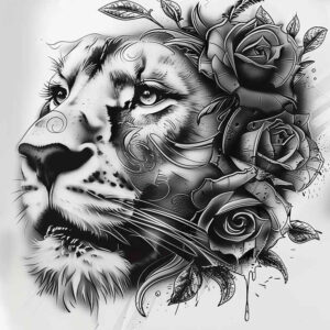 lion-with-tenderness – tattoo design ideas free ai generated – neotraditional-artistic-flair – for-sternum – Gallery: lions-inkby-ai