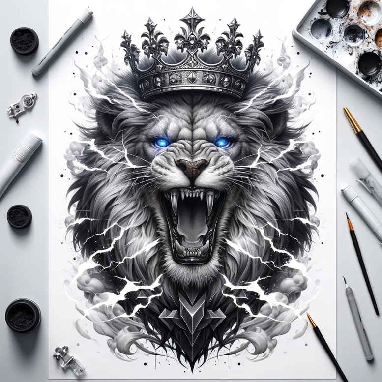 lion-with-tenderness – tattoo design ideas free ai generated – neotraditional-bold-motifs – for-neck – Gallery: lions-inkby-ai