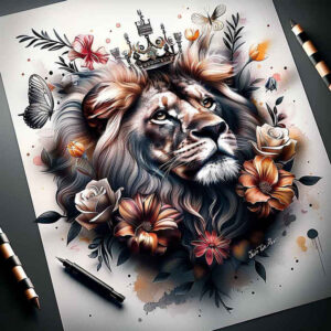 lions – tattoo design ideas free ai generated – realism-highlighted-contrast – for-thigh – Gallery: lions-inkby-ai