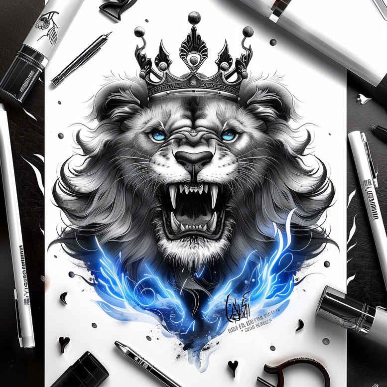 mystical-lion – tattoo design ideas free ai generated – surrealism-shadow-play – for-back – Gallery: lions-inkby-ai