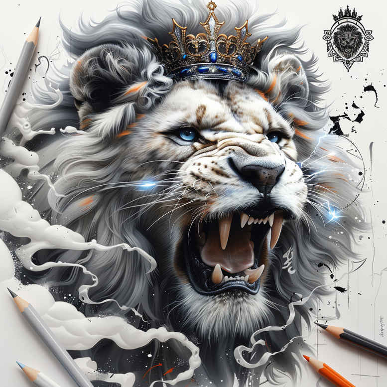 Tiger with white fur and black stripes wearing a gold crown, surrounded by clouds and pencil; color tattoo project idea; not ideal for cover-up.