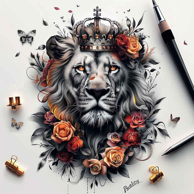 lions tattoo design ideas Surrealism floating elements detailed fur for back of neck
