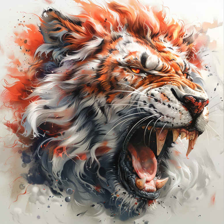 Colorful tiger head portrait in orange, white, black with open mouth and teeth; watercolor splashes; project image; not ideal for cover-up.