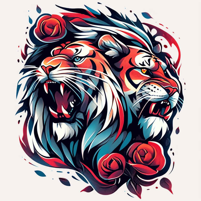 Two roaring tigers in blue and red with red roses bold black outlines color-forward neo-traditional tattoo design concept. Project; cover-up not ideal.