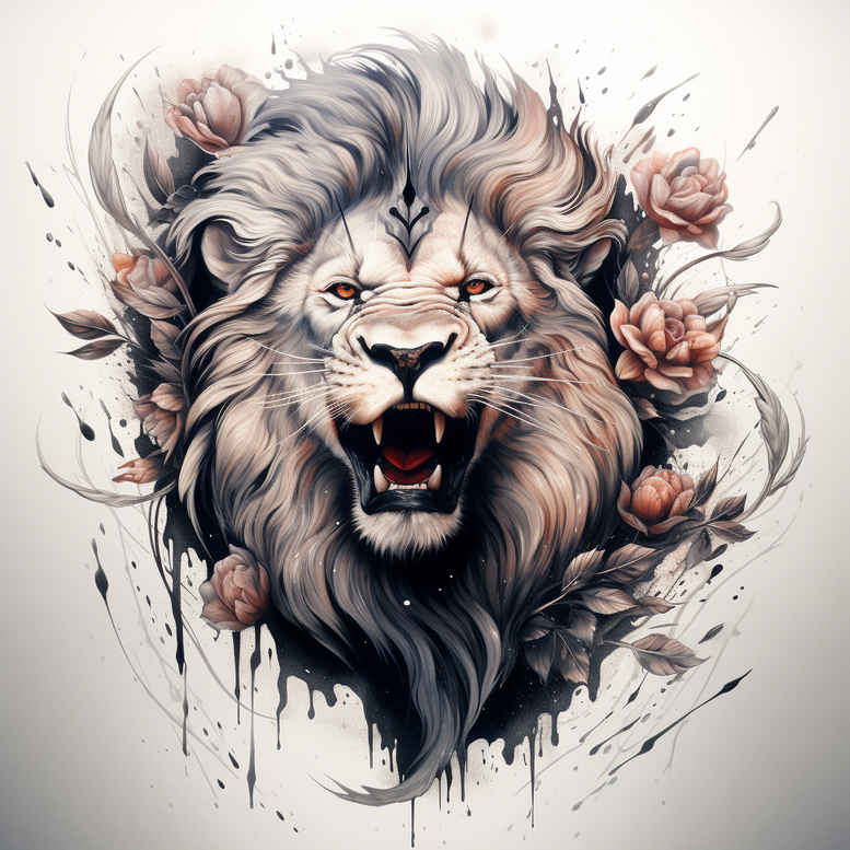Lion head with pink flowers and green leaves in black and grey watercolor style; project idea for cover-up tattoo.