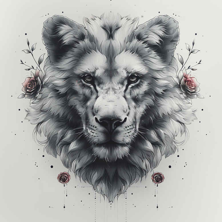 Wolf head in black and grey watercolor with red splatter; AI-generated tattoo project, ideal for cover-up.
