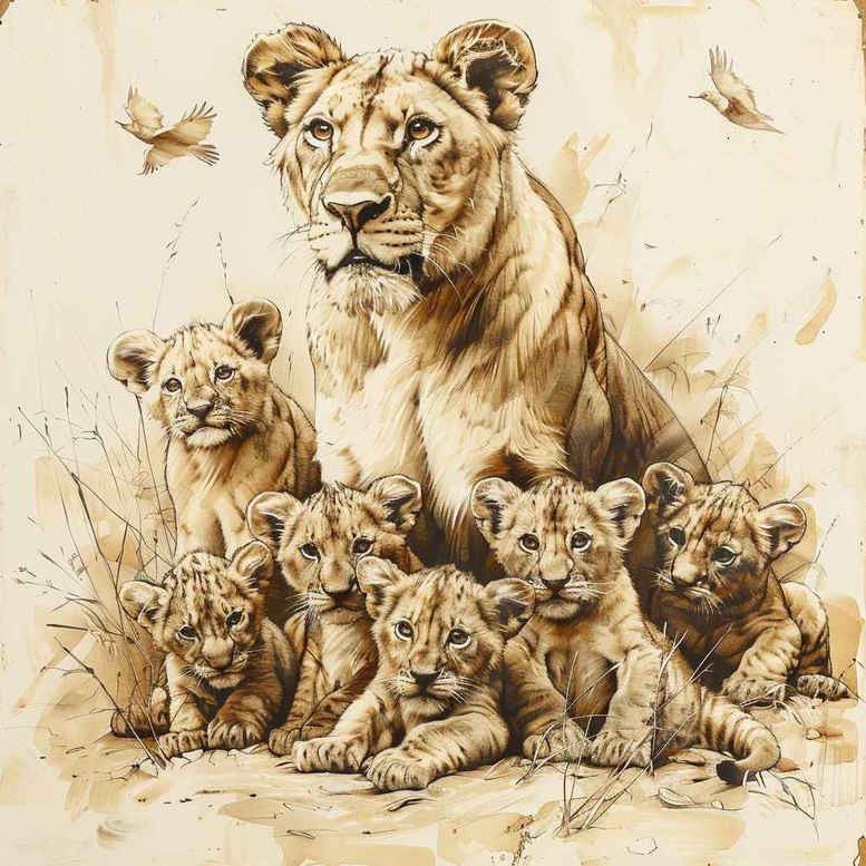 Tiger with cubs in a sepia black-and-grey sketch; tattoo project idea; not specifically for cover-up.