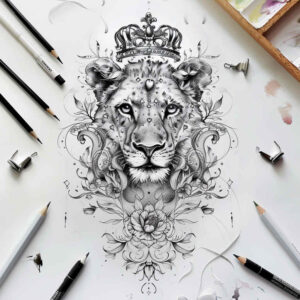 lions tattoo design ideas expressive color strength for thigh