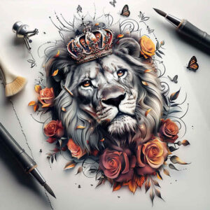 warrior-lion – tattoo design ideas free ai generated – neotraditional-refined-lines – for-upper-chest – Gallery: lions-inkby-ai