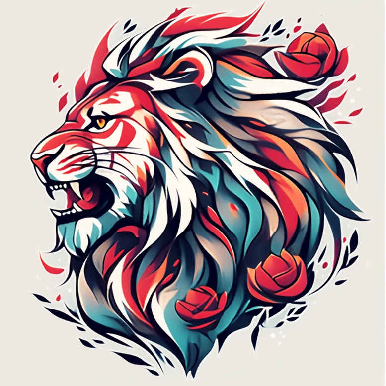 warrior-lion – tattoo design ideas free ai generated – surrealism-esoteric-symbolism – for-upper-arm – Gallery: lions-inkby-ai