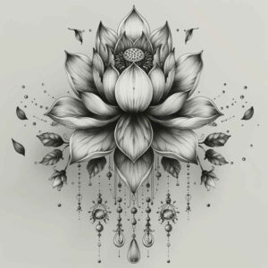 lotus-in-motion – tattoo design ideas free ai generated – point-minimal – for-lower-chest – Gallery: lotuses-inkby-ai