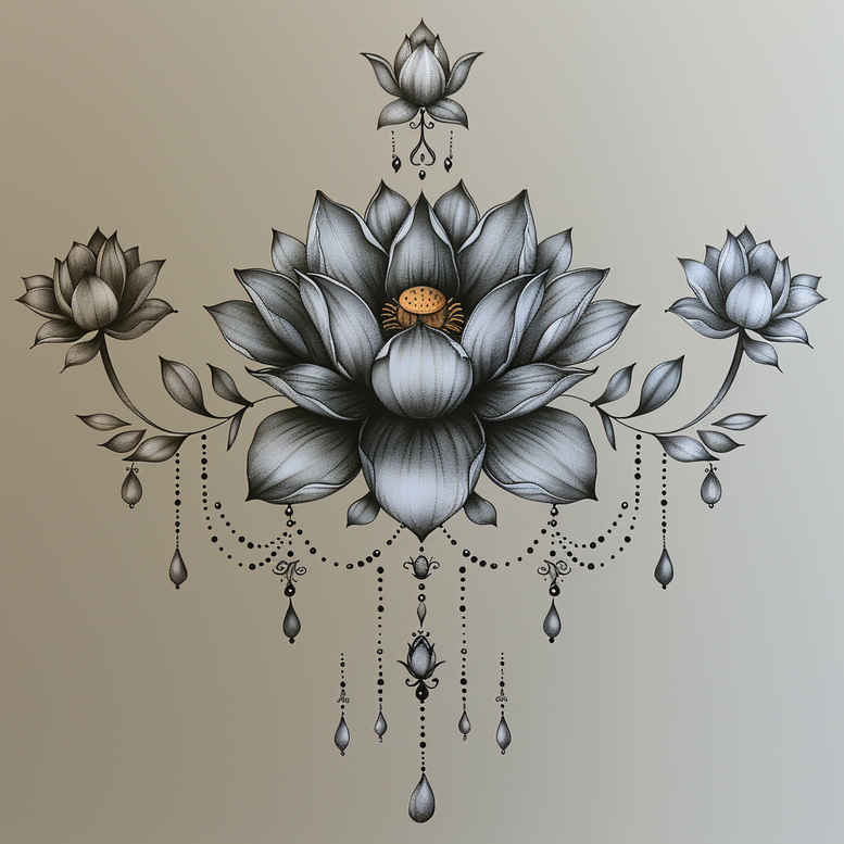 lotus-with-details – tattoo design ideas free ai generated – bare – for-lower-thigh – Gallery: lotuses-inkby-ai