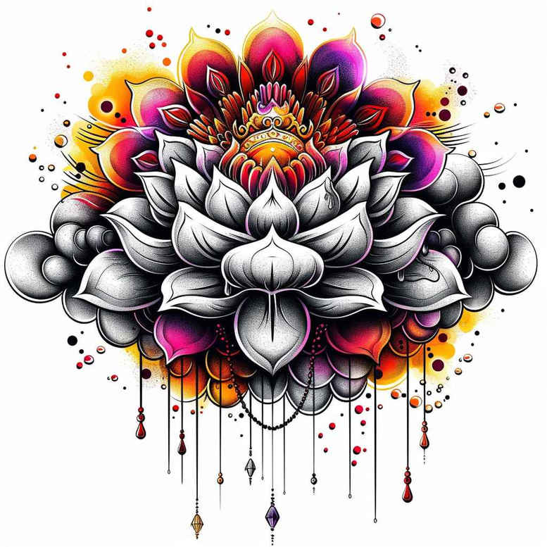lotus-with-ornamentation – tattoo design ideas free ai generated – thin-script – for-fingers – Gallery: lotuses-inkby-ai